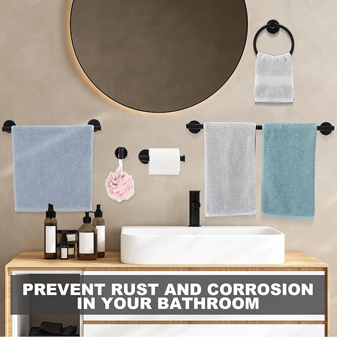 Gisafai 20 Pcs Bathroom Hardware Set, 23.6 Inch Brushed Towel Bar Ring Toilet Paper Holder Robe Towel Hook, Sus304 Stainless Steel Bathroom Accessory Set Wall Mounted (Black)