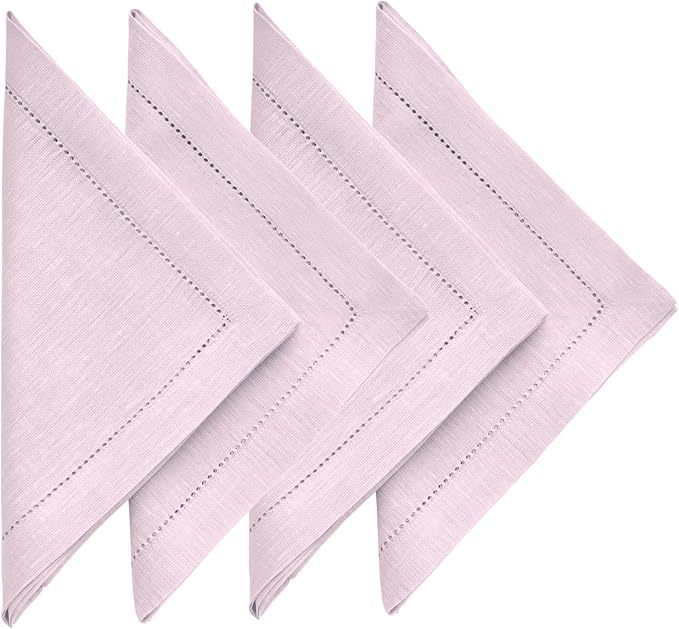 Solino Home Linen Cloth Napkins Set of 4 - Hemstitch 100% Pure Linen Bubblegum Pink Dinner Napkins 20 x 20 Inch for Valentines - Milan, Handcrafted and Machine Washable