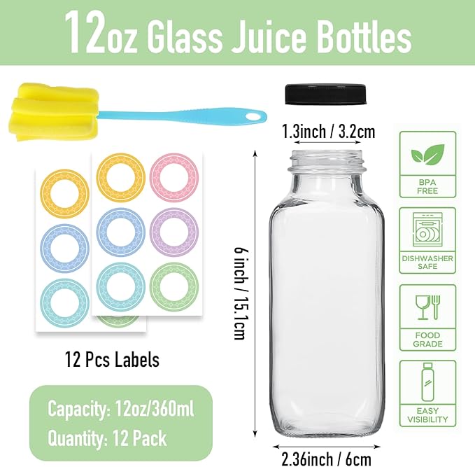 12 pack 12 oz Glass Juice Bottles with Lids, 360 ml Reusable Glass Water Bottles, Empty Drink Containers Drinking Jars with Brush, for Milk, Juicing, Kombucha, Ginger