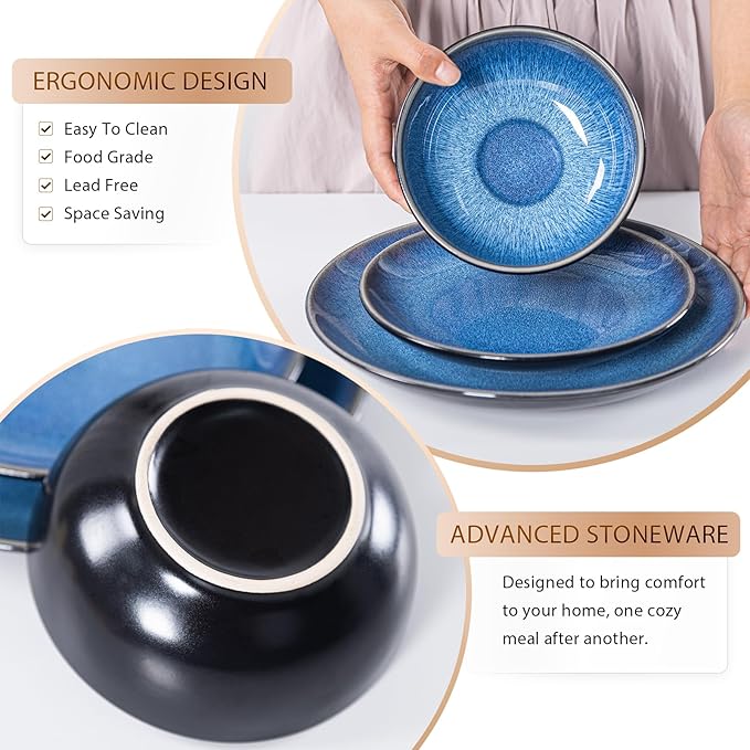 Plates and Bowls Sets for 4 - CJDC-QUELO 12-Piece Stoneware Dinnerware Sets, Ceramic Dishware Set for Kitchen Use and Formal Dining, Chip and Scratch Resistant Microwave Dishwasher Safe, Blue