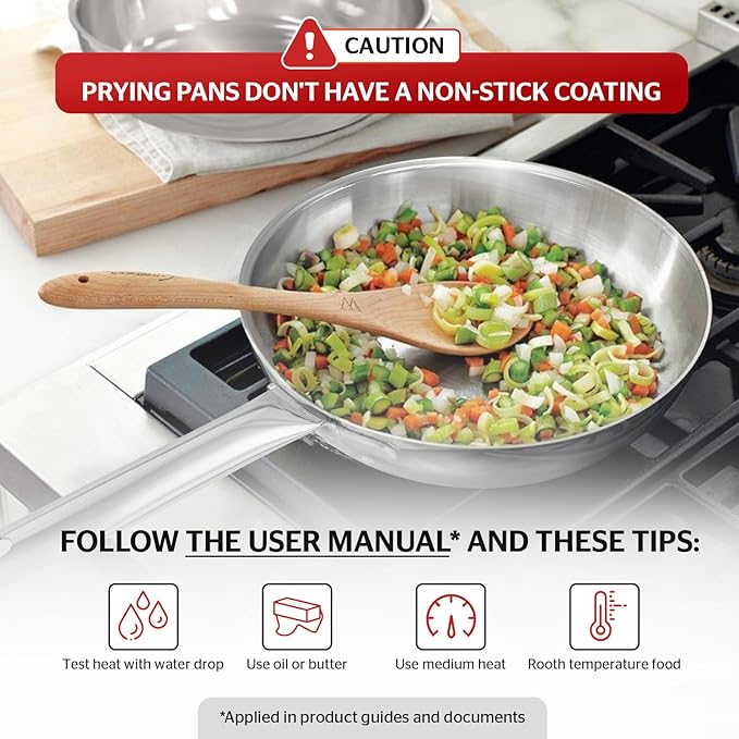 Sunhouse 9 Inch Tri-Ply Stainless Steel Frying Pan, Whole-Clad No Coatings Skillet with Stay-cool Handle for Cooking, Durable & Oven Safe to 500°F, Dishwasher Safe, Compatible with All Cooktops