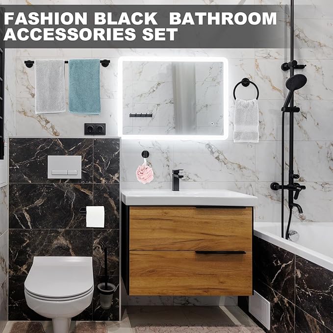 Gisafai 30 Pcs Bathroom Hardware Set, 23.6 Inch Brushed Towel Bar Ring Toilet Paper Holder Robe Towel Hook, SUS304 Stainless Steel Bathroom Accessory Set Wall Mounted (Black)