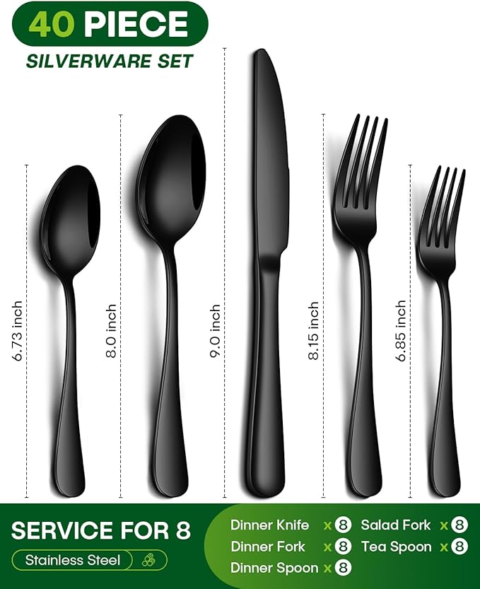 40 Piece Black Silverware Set, Stainless Steel Flatware Set for 8 Food Grade Cutlery Utensil Set Include Knife Fork Spoon Mirror Polished Dishwasher Safe