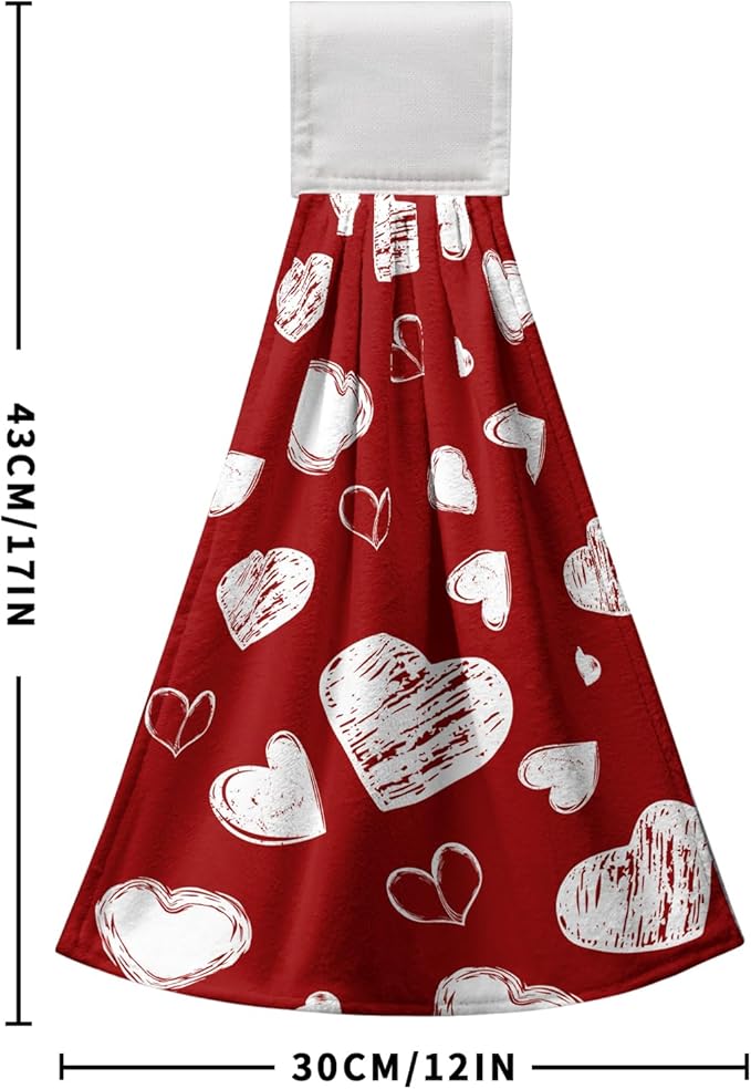 Valentines Heart Hanging Kitchen Towels Red Valentine's Day Hand Tie Towels Home Decorations Holiday Soft Absorbent Dish Towel with Hanging Loop for Bathroom Kitchen