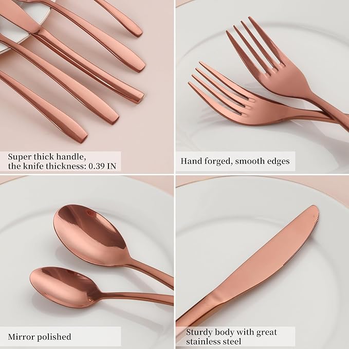 Rosegold 60 Piece Silverware Set,Stainless Steel Flatware Set for 12,18/0 Rust-Proof Cutlery Set with Forks & Spoons,Mirror Polished Dishwasher Safe - Heavy Duty Tableware for Home & Dining