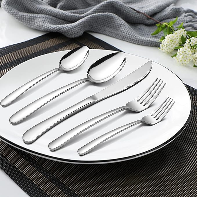HaWare Heavy Duty Silverware Set, 65 Pieces Stainless Steel Flatware with Serving Utensils, Weight Tableware for 12, Modern Cutlery for Home, Dishwasher Safe, Mirror Polished