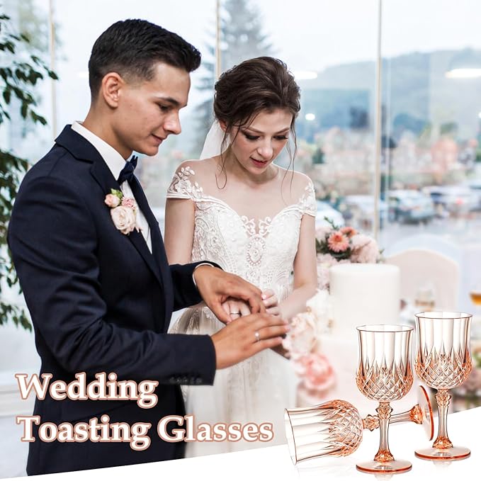 XUWAIDSGN 24 Pcs 7oz Plastic Vintage Wine Glasses Drinking Glasses Unbreakable Wedding Glassware Crystal Water Goblets Reusable Drinkware Vintage Champagne Flutes (24, Pink)