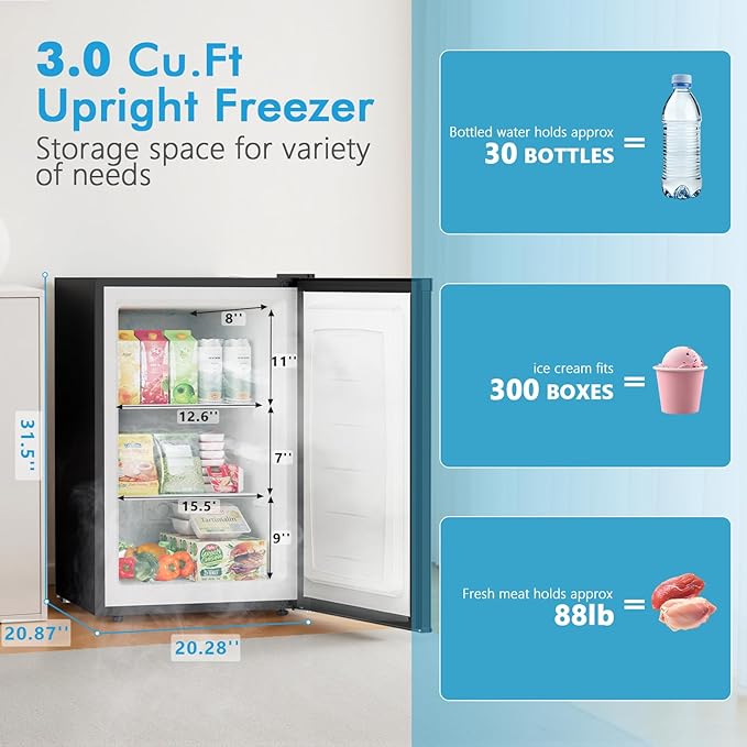 COWSAR 3.0 Cu.Ft Upright Freezer, Compact Freezer, Standing Deep Freezer with Adjustable Thermostat, Removable Shelves & Reversible Door, Fast Cooling for Office,Dorm,Commercial, Black
