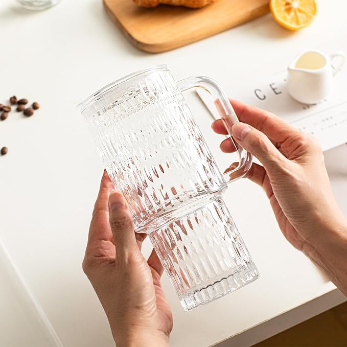 INSETLAN 26oz Raindrop Glass Tumbler with Handle and Lid, Set of 2 – Reusable Iced Coffee Cups with Lids, Clear Glass Cups with Straw for Coffee, Smoothies, Tea, Juice – Perfect for any Occasion