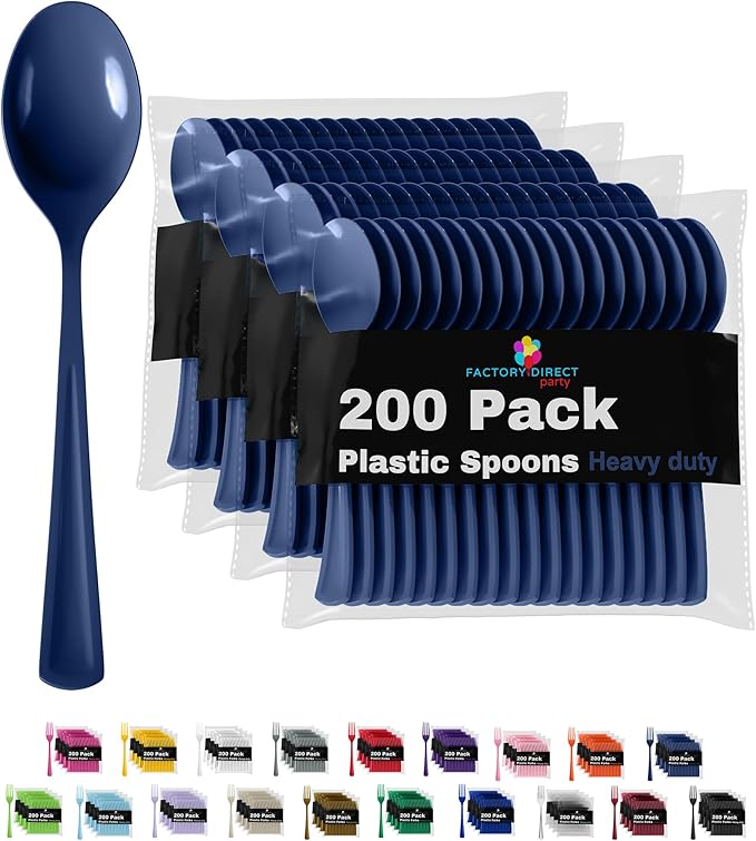 Party Solids Heavy Duty Plastic Cutlery - 200 Pieces, Disposable Navy Plastic Spoons, Flatware, Silverware