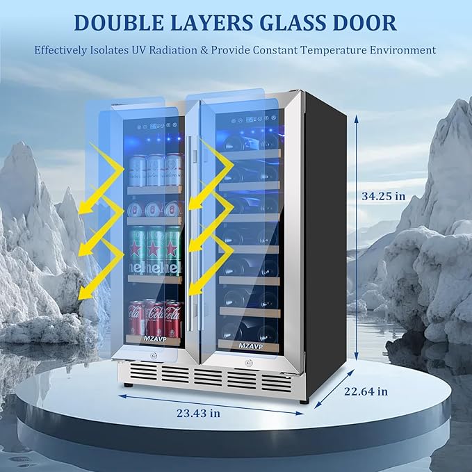 24 Inch Wine and Beverage Refrigerator, Dual Zone Beverage Cooler with Glass Door, Built-In or Freestanding Wine Fridge with Fast Cooling, 20 Bottles and 88 Cans Large Capacity