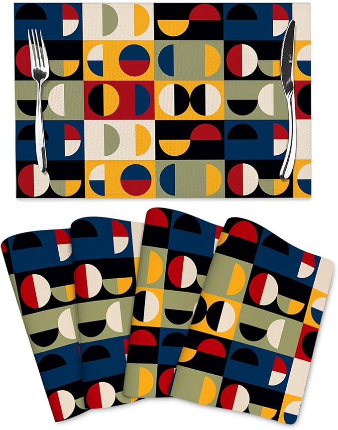 Retro Mid Century Modern Placemats Set of 4 Linen Washable Non-Slip Heat-Resistant Decorative Kitchen Table Mats for Dining Outdoor Home Decor 12x18 Inch