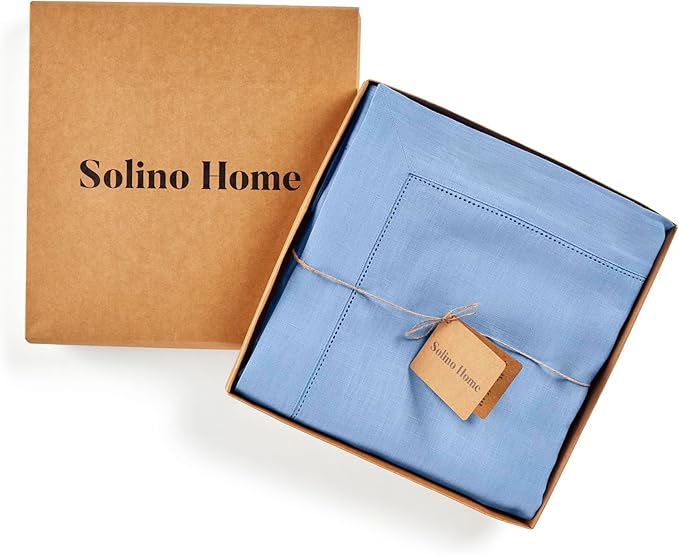 Solino Home Cornflower Blue Linen Tablecloth 60 x 108 Inch - 100% Pure Linen Hemstitch Table Cloth for Rectangle Tables - Classic Hemstitch, Washable Tablecloth for Holiday, New Year