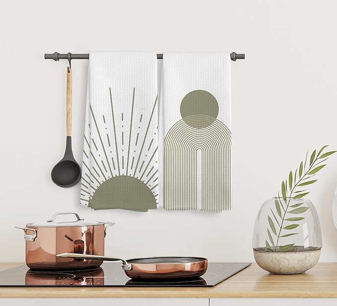 Boho Black Sun Sunrise Sunshine Rainbow Kitchen Towels and Dishcloths Sets of 2,Bohemian Absorbent Drying Cloth Hand Towels Tea Towels for Bathroom,Boho Gifts for Women Girls,16×24 inches (green)