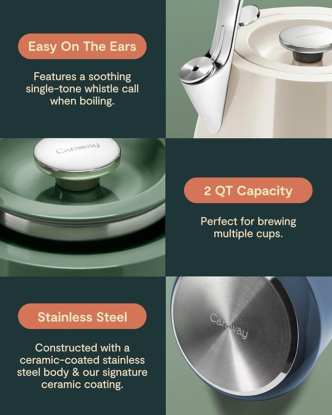 Caraway 2 Quart Whistling Tea Kettle - Durable Stainless Steel Tea Pot - Fast Boiling, Stovetop Agnostic - Non-Toxic, PTFE & PFOA Free - Includes Pot Holder - Marigold