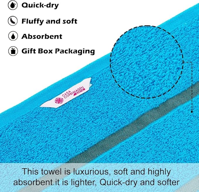 CASA COPENHAGEN Exotic 6 Pieces Towel Set- Teal, 525 GSM 2 Bath Towel 2 Hand Towel 2 Washcloth, Designed in Denmark Made of Soft Egyptian Cotton for Bathroom, Kitchen & Shower