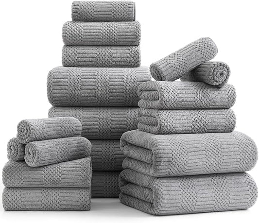 18 Pcs Gray Woven Family Towels Set-6 Bath Sheets,6 Hand Towels,6 Washcloths Soft Microfiber Towels Absorbent Shower Towel Quick Dry Beach Chair Towel Lint Less Towels Set for Bathroom Spa Gym Hotel