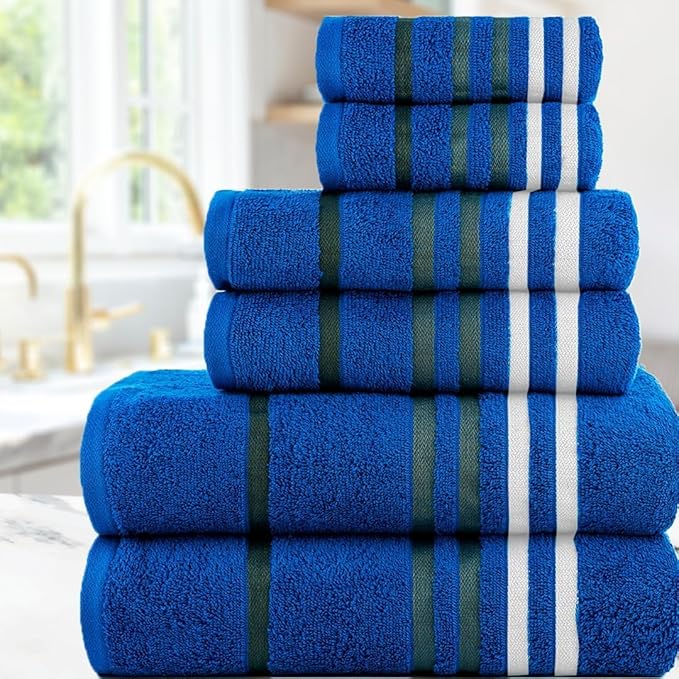 CASA COPENHAGEN Exotic 6 Pieces Towel Set- Electric Blue, 525 GSM 2 Bath Towel 2 Hand Towel 2 Washcloth, Designed in Denmark Made of Soft Egyptian Cotton for Bathroom, Kitchen & Shower