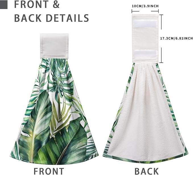 Summer Tropical Banana Leaf Hand Tie Towel Green Palm Leaves Kitchen Towels with Hanging Loop Jungle Hanging Dish Towel 2 Pcs Decorative Absorbent Tea Towels for Bathroom Kitchen
