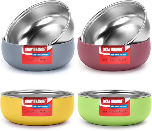 Non-Toxic Toddler Bowls with Non-Slip Base | Stainless Steel Baby Bowls for Kids | 5 Inch BPA-Free Dishwasher Safe Bowls | Mess-Free Feeding Supplies | 4-Pack Set