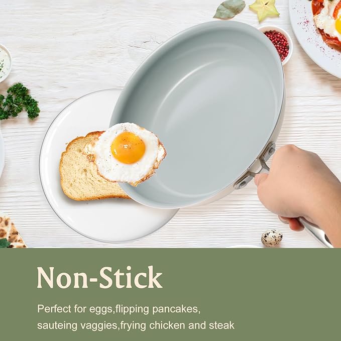 Nonstick Frying Pans Ceramic Skillet: 9.5Inches Non Stick small Egg Fry Pan - PFOA PTFE PFAS Free - Induction,Gas,Electric Compatible