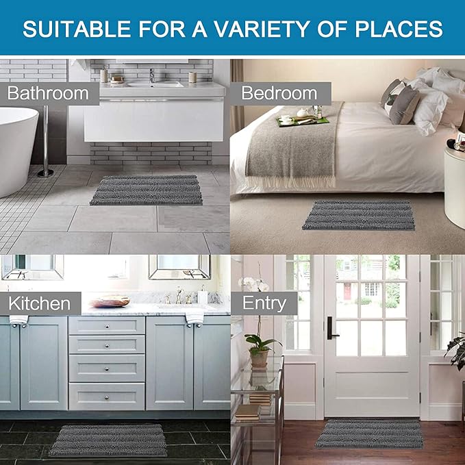 H.VERSAILTEX Grey Bathroom Rug Set Bath Mats, 2 Piece Bath Rugs Non Slip Thick Soft Chenille Striped Bath Rug Set, Bath Mats for Bathroom Sets (Grey, 20" x 32"/17" x 24")