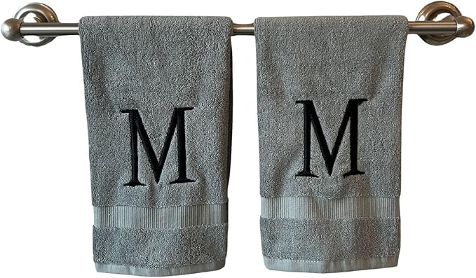Gray Initial Hand Towel for Bathroom - Monogrammed Luxury Hotel Quality Decorative Embroidered Towel for Powder Room, Spa - GOTS Organic Certified - Set of 2 Black Letter M