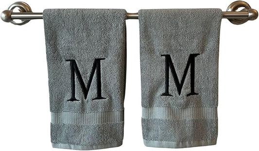 Gray Initial Hand Towel for Bathroom - Monogrammed Luxury Hotel Quality Decorative Embroidered Towel for Powder Room, Spa - GOTS Organic Certified - Set of 2 Black Letter M