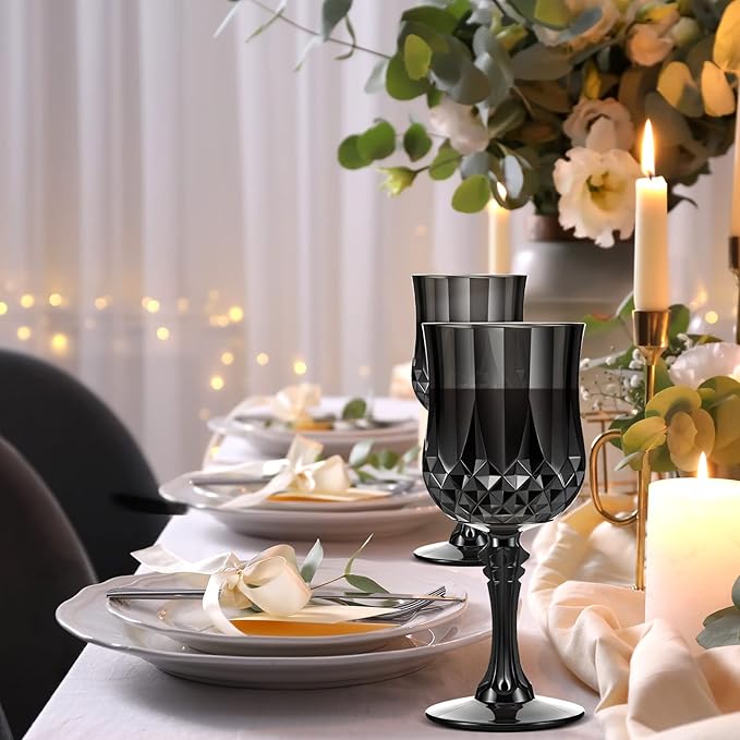 Pinkunn 24 Pcs 7 oz Plastic Vintage Wine Glasses Reusable Colored Goblets Patterned Drinking Water Glasses Cup Dishwasher Safe for Christmas Wedding Reception Party Supplies (Black)