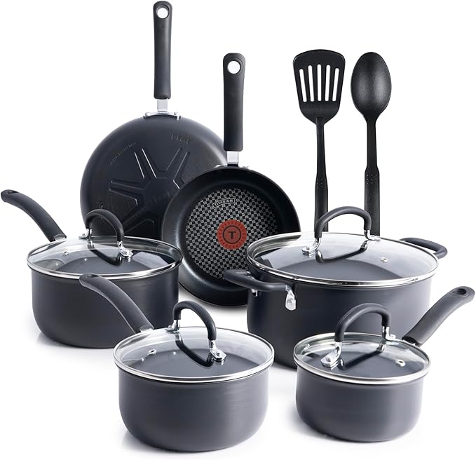 T-fal Ultimate Hard Anodized Nonstick Cookware Set 12 Piece, Oven Broiler Safe 400F, Lid Safe 350F, Kitchen Cooking Set w/Fry Pans, Saucepans, Dutch Oven, Pots and Pans, Dishwasher Safe, Black