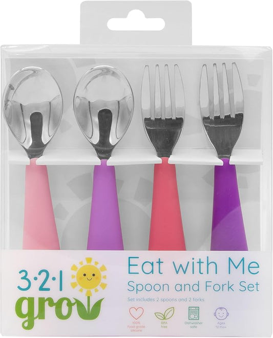 Eat with Me Spoon and Fork Set – Toddler Utensils with Easy-Grip Silicone Handles – Kid-Sized & Safe Stainless Silverware – Promotes Independent Eating – Dishwasher Safe (Grape)