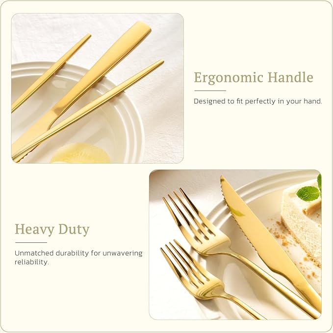 Astercook Silverware Set 48-Piece Gold Flatware Set with Steak Knives Food-Grade Stainless Steel Cutlery Set for 8 Mirror Polished Utensils Set Include Spoons and Forks for Home Kitchen Restaurant