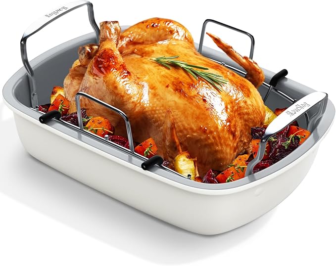 Nonstick Turkey Roasting Pan with Rack, 17 x 13 Inch Turkey Pan, large roaster pan for Meat & Vegetable, White