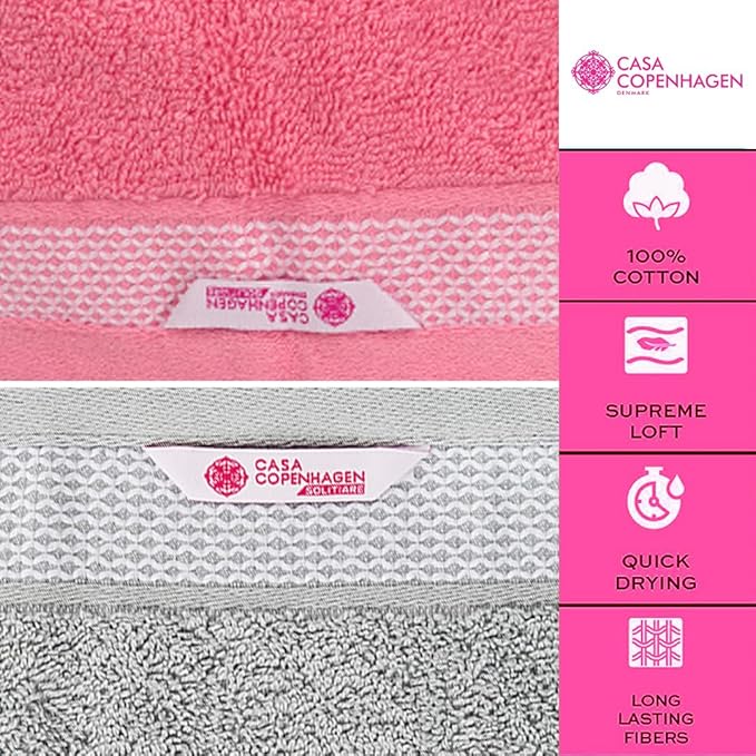 CASA COPENHAGEN Solitaire Mix 6 Pieces Towel Set- Grey Violet + Pink, 600 GSM 2Bath Towel 2Hand Towel 2Washcloth, Designed in Denmark Made of Soft Egyptian Cotton for Bathroom, Kitchen & Shower