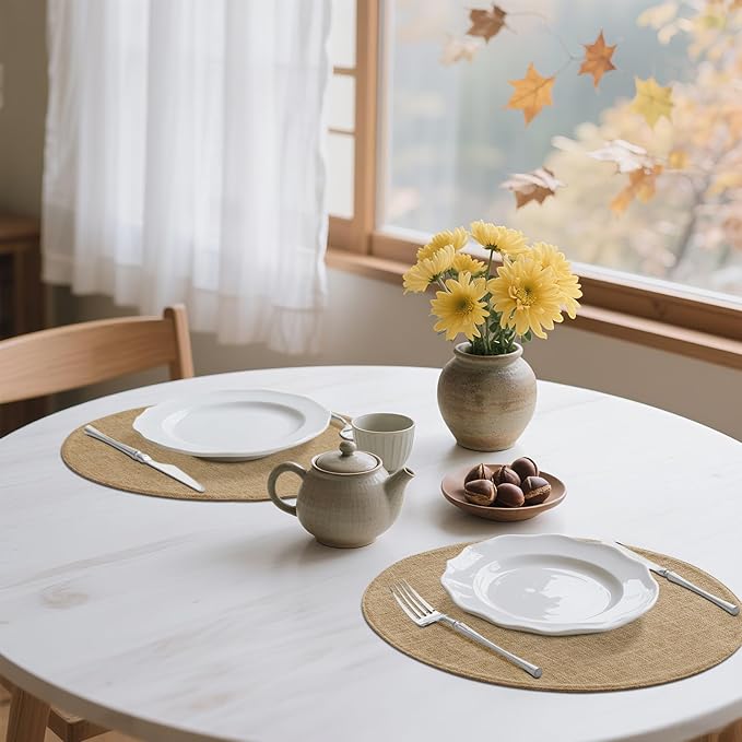 homing 15 Inch Round Cloth Placemats Set of 6, Cotton Linen Blend Washable Table Mats, Farmhouse Dining Place Mats for Indoors & Outdoors, Easy to Clean, Linen