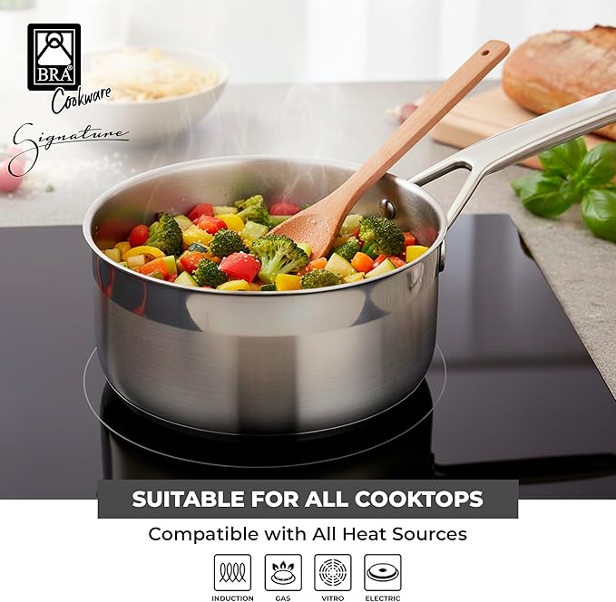BRA COOKWARE Signature Stainless Steel Sauce Pot w/Glass Lid | 6.3 Inch 1.2 Quart Professional Grade Saucepan | PFOA Free Warming Pot | All Cooktops | All Cooktops (incl. Induction) & Oven Safe