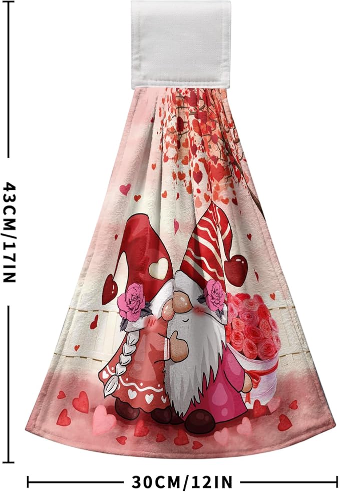 Valentines Gnome Kiss Bathroom Hand Towels with Loop Set of 2 Pink Hearts Rose Hanging Dish Kitchen Towels 17 x 12 inch Soft Absorbent Sweet Love Tie Towel Dishcloths for Washroom Bathroom Kitchen