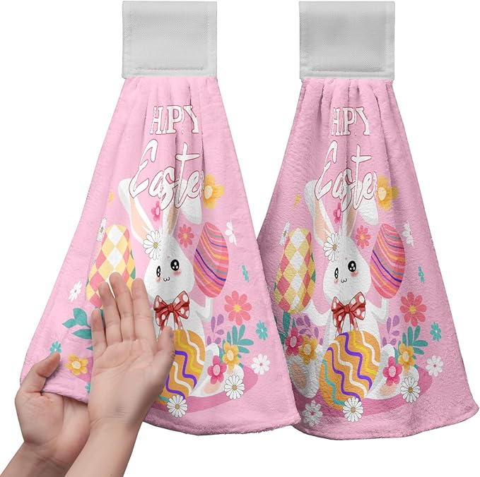 Easter Bunny Hanging Dish Towels Set of 2 Pink Rabbit Eggs Kitchen Towels with Loop Happy Easter Hand Tie Towel Spring Floral Soft Absorbent Tea Towel for Bathroom Kitchen Laundry Room