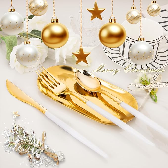 I00000 60 Pcs Gold Plastic Silverware - Heavy Duty Plastic Cutlery -Party Disposable Silverware Set，Disposable Cutlery Set Includes 20 Forks, 20 Knives, 20 Spoons Perfect for Wedding