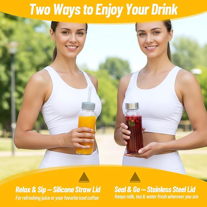 10 oz Clear Glass Bottle with Lid, Reusable Glass Water Bottles with Stainless Steel Cap & Straws for Juicing, Milk, Ginger & Smoothies, Refrigerator, Leak-Proof, Juice Containers Set of 12