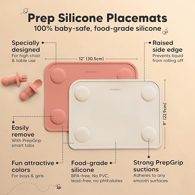 KeaBabies 2-Pack Silicone Placemats for Toddlers - 12x9 Non Slip Suction Baby Silicone Placemat for Kids Eating, Easy to Clean, Busy Travel Baby Mat for Dining Table, Food Grade/BPA-Free (Roseate)