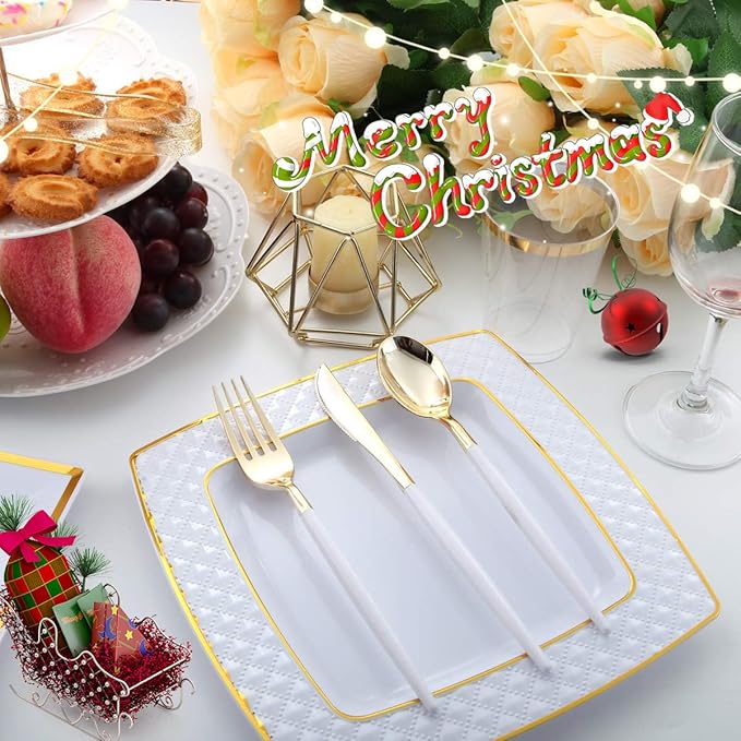 I00000 144Pcs Gold Plastic Silverware, Gold Plastic Utensils Set,Disposable Utensils Heavy Duty,Disposable Silverware Set Includes 48 Forks,48 Knives,48 Spoons for Party & Thanksgiving