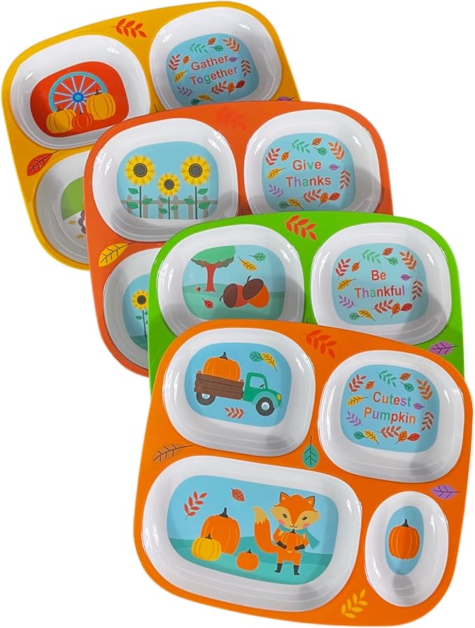 4E's Novelty Set of 4 Fall Thanksgiving Melamine Dinnerware Sets for Kids – Autumn Sectioned Toddler Plates With Dividers, BPA-Free Reusable Dishwasher Safe