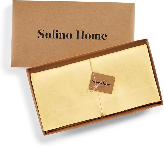Solino Home Linen Tablecloth 52 x 52 Inch - 100% Pure Linen Golden Straw Square Tablecloth - Fete, Machine Washable Table Throw