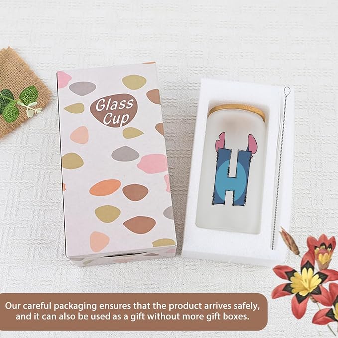 Cute Cartoon Lover Gifts Initial A-Z Personalized Iced Coffee Cup Cartoon Merch 16oz Glass Cup with Lid and Straws Birthday Christmas Gifts for Women Teen Girls Fans (Letter H)