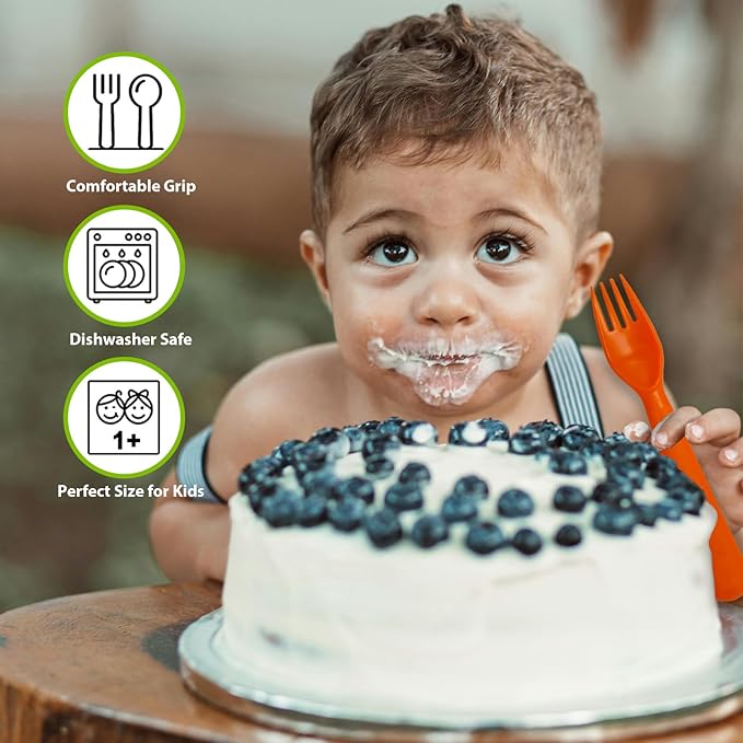 12 Pcs Kids Spoons and Forks Toddler Utensils Plastics Reusable Silverware Baby Cutlery Set Feeding Dinnerware Utensils BPA Free Microwave Dishwasher and Freezer Safe- Orange