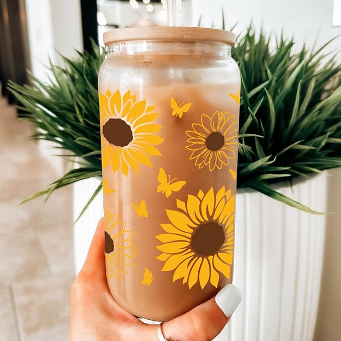 SANDJEST Sunflower Gifts for Women - Sunflower Cup 16 Oz Can Glass Coffee Cups with Bamboo Lid and Straw - Gift for Birthday