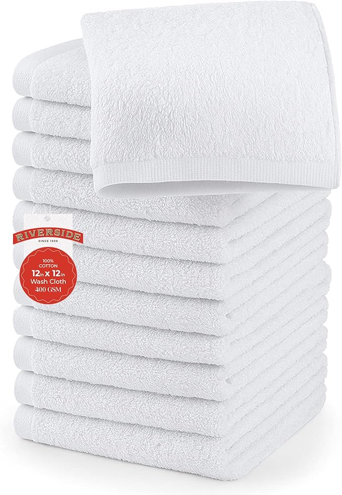 RIVERSIDE 12 Pack Washcloths - 12x12 Inches, 400 GSM, 100% Ring-Spun Cotton - Soft, Absorbent & Durable Face and Body Towels - for Bathroom, Spa, Gym, Makeup Removal & Everyday Use - White