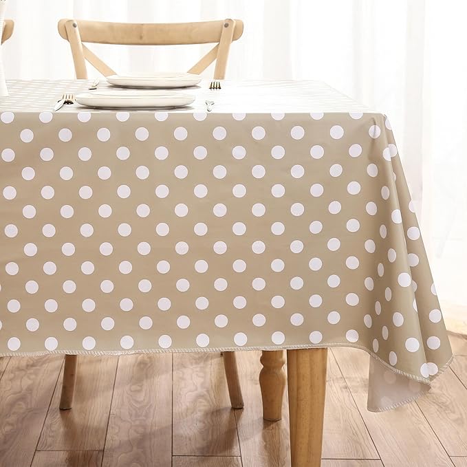 Heavy Duty Vinyl Tablecloth with Flannel Backing Waterproof Oil-Proof Plastic Table Cloth Stain-Resistant Wipeable Rectangle or Square Table Cover for Indoor and Outdoor (White Dots,54x54 Inch)
