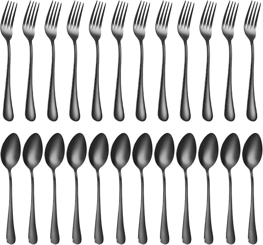 Forks and spoons silverware set 24pcs black spoons and forks set Durable Dishwasher Safe black silverware for home kitchen stainless steel (Black)